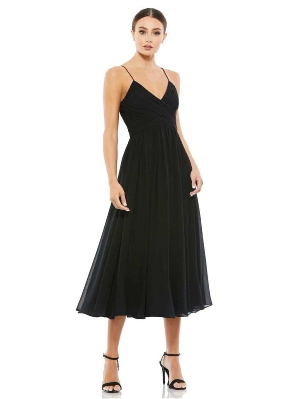 Ieena for Mac Duggal Black Faux Wrap Sleeveless Flowy Midi Dress - size XL